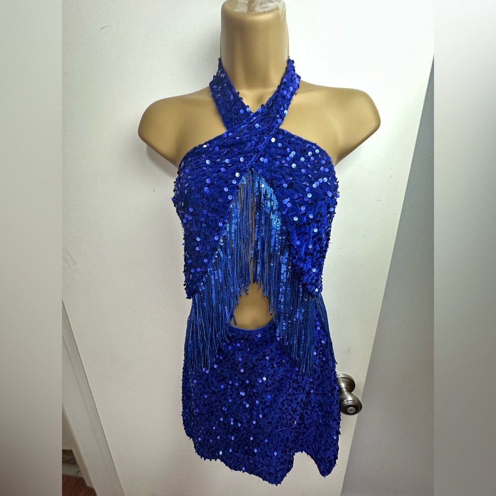 Lulus Royal Blue Elevated Dazzle Velvet Sequin Fringe Halter Mini Dress NWT L - Picture 5 of 16